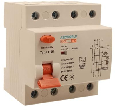 Interruttore Differenziale Tipo F-SI Super Immunizzato 380V, Salvavita Trifase 0,3A 25A, RCCB 3P+N 10kA 300mA, Occupa 4 Moduli Barra DIN
