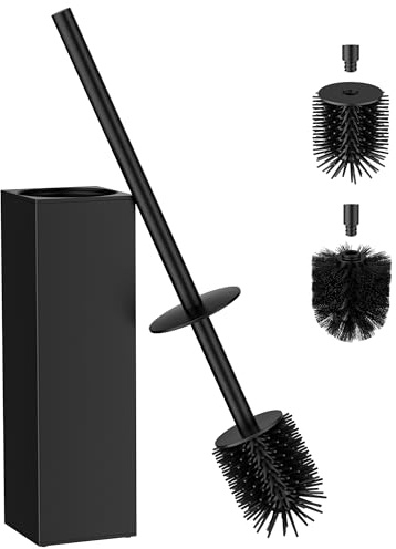 FORIOUS® Klobürste Silikon 50cm, Edelstahl WC Bürste mit Halter Schwarz | Edelstahl Extra Langer Griff ，Anti-Spritz Design, Inkl. 2 Bürstenköpfe & Abnehmbarem Innenbecher Toilettenbürste für Bad