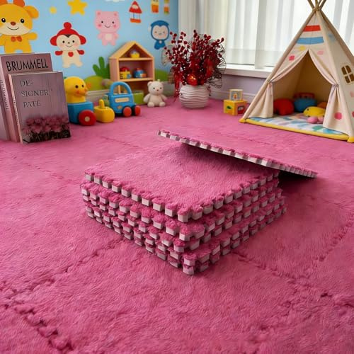 12 Stück Ineinandergreifende Plüsch-Schaumstoffmatte,Wohnzimmer-Schlafzimmer-Teppichfliesen,Teppichfliesen Bodenmatten Mit Rand,Weiche Spielmatten Puzzle Teppich 30x30x1cm (Rosarot)