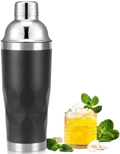 Isolierter Cocktailshaker Schwarz – 20oz (591ml) Doppelwandiger Vakuum-Edelstahl-Martinishaker mit integrierter Siebvorrichtung, Professioneller undurchlässiger gewichteter Shaker für Home Bar,