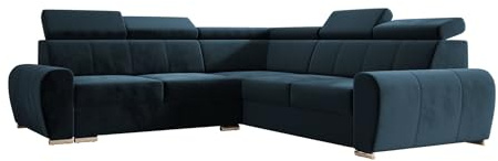 O-Sofa Ecksofa Apollo KN09, Eckcouch in L-Form mit Schlaffunktion, Farbe: Blau, Velourstoff, Ottomane Rechts