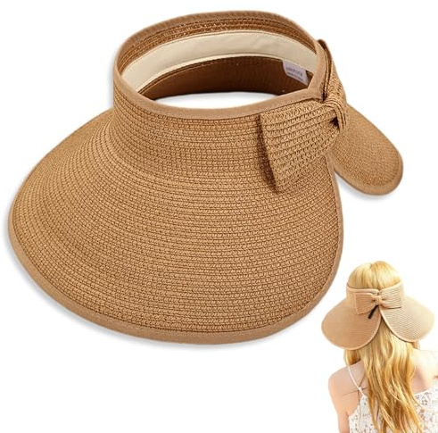 Rimotedeso Sombrero de Paja para Mujer, ala Ancha, protección Solar, Plegable y Ajustable, Material Transpirable, con Cinta, Playa y Vacaciones, jardinería, Khaki