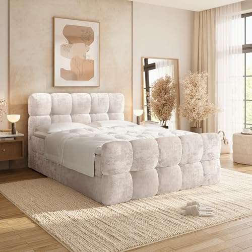 BROMARKT Boxspringbett mit Topper und Bettkasten 160x200 Weiss | Doppelbett Betten für Schlafzimmer mit Bettkasten Bed Bett mit Matratze Bettgestellt mit Kopfteil und Fußteil Squares Duo