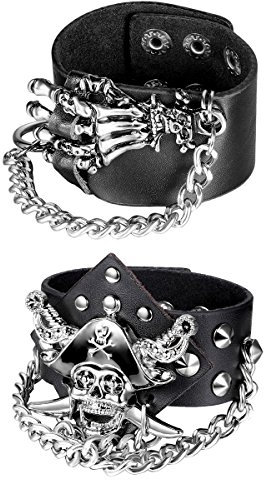 OIDEA Herren Leder Schädel Armband Set, Punk Rock Stil Breite Groß geflochtene handgefertigt Manschette Kordelkette Druckknopf Totenkopf Armreifen, Legierung, braun Silber (Punk Rock 2pcs)