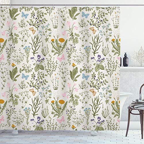 ABAKUHAUS Blumen Duschvorhang, Vintage Garden Plants, Stoffliches Gewebe Badezimmerdekorationsset mit Haken, 175 x 200 cm, Reseda Grün Beige