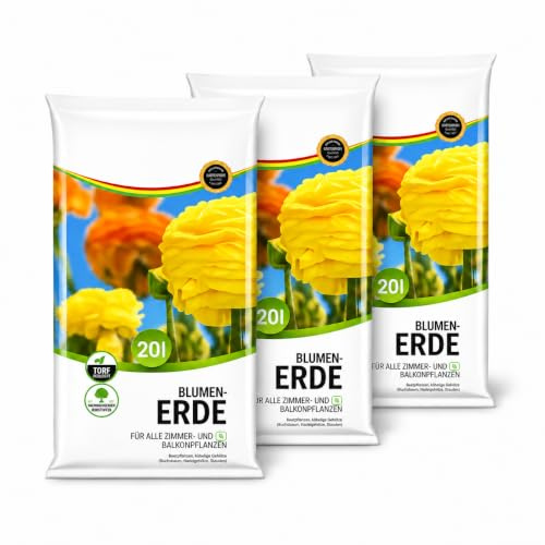 Blumenerde 3x20L – Universalerde für Zimmerpflanzen, Balkonpflanzen & Gartenpflanzen – Garten Erde torfreduziert – mit Grüngutkompost – Pflanzenerde hohe Wasserspeicherkapazität & HLKauf-Block