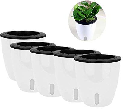5 Stück Lazy Blumentöpfe Wasserpflanzen Topf/Selbstbewässernder Übertopf mit sichtbarem Wasserstand, Wurzelpflege, Setzlinge, Anzuchttopf, Pflanzentopf, Fenster, Balkondekoration (weiß-5)
