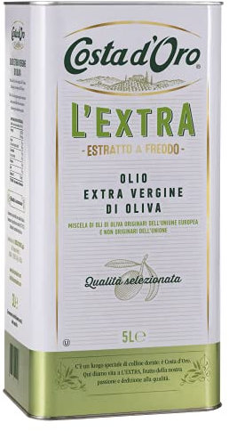 Costa d’Oro – L’Extra . Olio Extravergine di oliva estratto a freddo. Sapore equilibrato, adatto a tutte le ricette e come condimento per insalate. Latta da 5 litri, 1