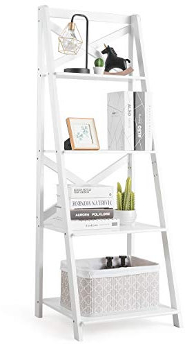 GOPLUS Leiterregal mit 4 Regalfächern, Standregal mit Lackierter Oberfläche, Multifunktionales Bücherregal, Treppenregal aus Holz, für Wohnzimmer Küche Badezimmer Buchhandlung (Weiß)