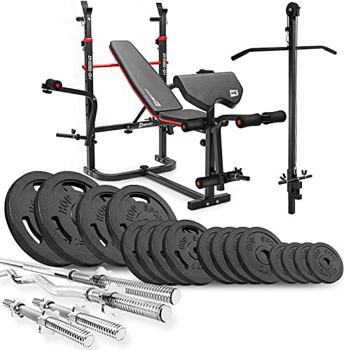 Hop-Sport Hantelbank Kraftstation 1065 mit Lang-, Curl- & Kurzhantel Gusseisen Gewichte 39kg bis 116kg (106kg)