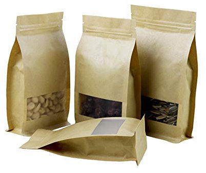 Allbusky 50PCS Kraft Paper Stand Up Food Bags, Reusable Ziplock Seal Bags with Transparent Window, 10x20cm