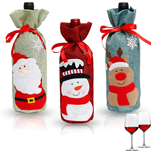 ALMDA 3 pcs Christmas Wine Bottle Cover Bags, Christmas Wine Gift Bag, Christmas Party Holiday Dinner Table Decoration Champagne Bottle Set, Santa Snowman Deer Pattern