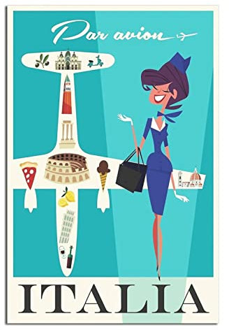 Italia Stewardess Vintage-Reiseposter, Leinwand-Kunst, Wanddekoration, Poster, Bild, Poster, Geschenk, 30 x 45 cm