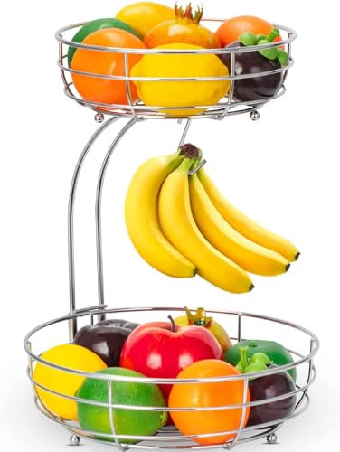 Bomclap Frutero con soporte para plátanos, 2 pisos, frutero de metal, para cocina, de pie, modernos cuencos de frutas, cesta decorativa para verduras, frutero de color plateado