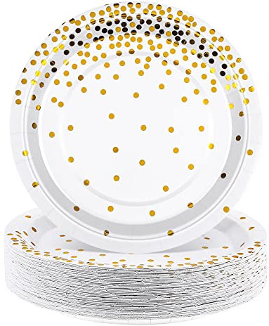 Aneco 60 Pieces 7 Inches Disposable Paper Plates White and Gold Foil Dot Dessert Plates Round Paper Plates for Wedding Bridal Shower Birthday Party Decorations