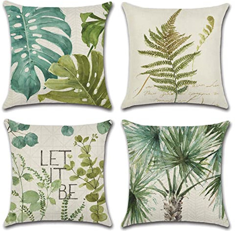 OCEUMACO Leinen Kissenbezug 50x50 Dschungel Kissenhülle 4er Set Quadratisch Sofakissen Dekokissen Bezug für Couch Natur Eukalyptus Kissen Kissenbezüge Outdoor Deko Couchkissen Zierkissen - Grün