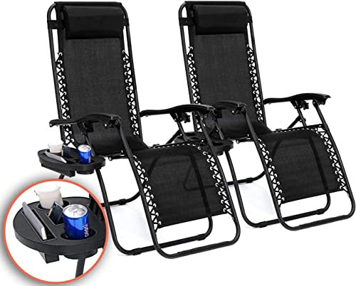 MAECENA Zero Gravity Chair Patio Folding Lawn Lounge Chairs Outdoor Gravity Chair Camp Reclining Lounge Chair with Cup Holder Pillows for Poolside Backyard and Beach - Set of 2 - Black