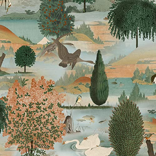 Swan Lake Orange Green Wallpaper - Floral Trees Wildlife Nature Scenic - Modern Contemporary Feature Wall