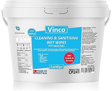 Vinco-SanWipe, Wet Wipes for Cleaning, Disinfecting & Sanitising, 250 Large Wipes per bucket, Antibacterial & Antiviral. Kills 99.99% of Germs