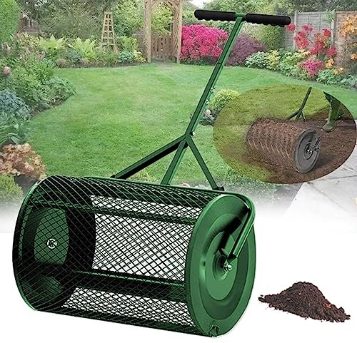 Kompoststreuer für Rasen und Garten, 23,6 Zoll robuste Rasenwalze und Verstellbarer T-förmiger Griff, perfekt zum Verteilen von Torfmoos, Dünger und Samen (grün),32cm