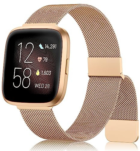 Amzpas Strap Compatible With Fitbit Versa 2/Lite for Women - Stainless Steel Metal Bracelet With Enhanced Magnet (Rose Gold)