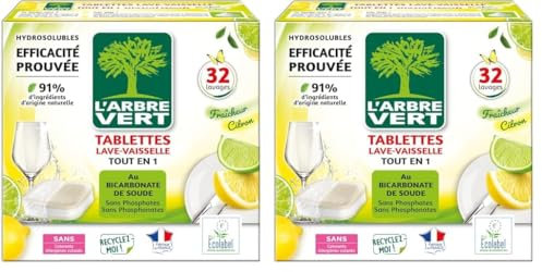 L'arbre vert Tablettes Lave vaiselle tout en 1 Citron - 32 doses - 584g (Lot de 2)