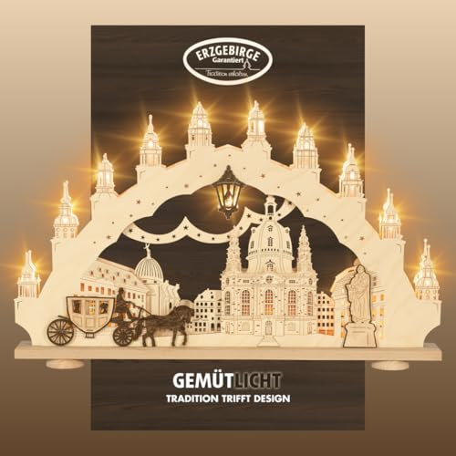 weigla - Schwibbogen original Erzgebirge I Motiv Dresdner Frauenkirche I LED Lichterbogen Weihnachten I 15 Lampenkerzen + 1 Ersatzlampe I 15 x 16 V, 0,2 W, E10 I beleuchtete Weihnachtsdeko innen