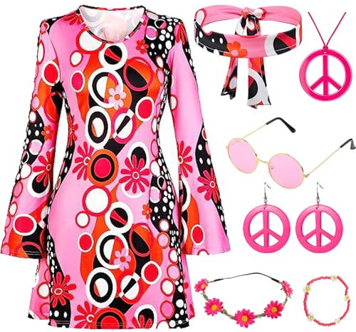 Antsparty 5 Stück Hippie Kostüm für Damen, 60er 70er Bekleidung, Hippie Kleid für Frauen Mädchen, Disco Kleider, Retro Disco Outfit Faschingskostüm für Karneval Party