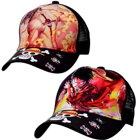 Hilloly Hat, 2 Pcs Anime Baseball Caps, Breathable Mesh Cap Luffy hat for Kids Suitable for Children Aged 3-8 Summer Sun Adjustable Hats