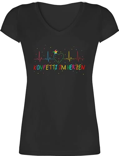 T-Shirt Damen V Ausschnitt - Karneval & - Konfetti im Herzen Herzschlag Fasching I - 3XL - Schwarz - Tshirt Confetti faschingsshirt Faschings EKG Shirt t karnevalsshirts Karnevals Herz Tshirts