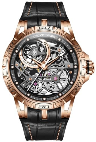 OUPINKE Herren-Automatikuhr, Skelett, mechanisch, selbstaufziehend, luxuriös, Chronograph, Kalender, leuchtende Uhr für Herren, 50 m wasserdicht, Saphirglas, 6605 Roségold, Modern