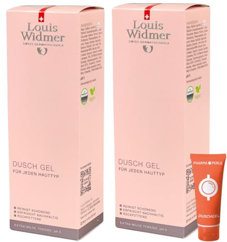 Louis Widmer Duschgel, 2x 200 ml I leicht parfümiert I Milde und sanfte einigung I empfindliche Haut I Feuchtigkeit I pH-hautfreundliche Pflegedusche I Spar-Set plus Pharma Perle give-away