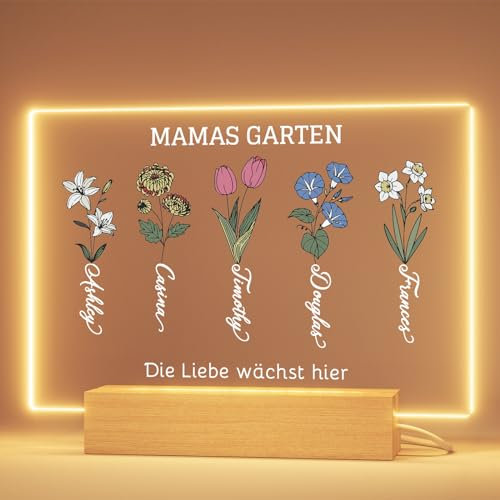 iDIY Personalisierte Geschenke für Mama - Muttertagsgeschenke Personalisierte Lampe mit Namen und Geburtsmonatsblume - Mamas Garten - 22x15 cm Acrylglas, Optionale Basis