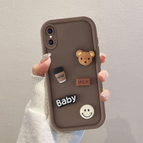 Coalbooliy Handyhülle für iPhone X/XS hülle 5,8'', Aesthetic 3D Teddybär Muster Design Kaffeefarbe Weiche Silikon Stoßfest Kameraschutz Schutzhülle Bumper Ultra Dünn Mädchen Case für iPhone XS, 01
