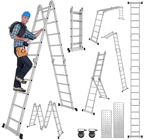 Vkechh Mehrzweckleiter 4X4 Stufen,7in1 Klappleiter 582CM Alu Multifunktionsleiter,Aluleiter mit 2 Plattform und Räder,Haushaltsleiter Max Belastung 150kg, Leiter for Home und Garten