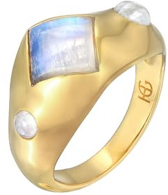 HG HAZE & GLORY Ring Damen aus 925 Sterling Silber, Schmuck Frauen, Silberring, mit Mondstein und Quarz, Vintage, Wavily, vergoldet