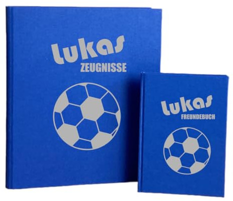 minimutz Set Freundebuch Zeugnismappe - Personalisiert mit Name - Freundschaftsbuch Erinnerungsordner Junge Mädchen - Poesiealbum und Ringbuchordner Schule - Fußball (Navy)