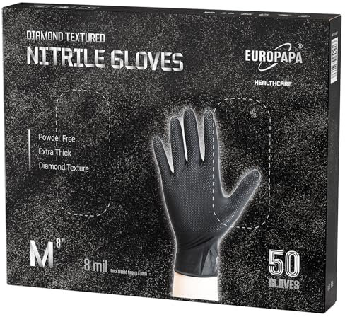 EUROPAPA® 50x extra Dicke Nitrilhandschuhe DiamantGrip Diamant Perfect Grip Einweghandschuhe Montageschutzhandschuhe puderfreier latexfreier Arbeitshandschuhe (8 mil, M, Schwarz)