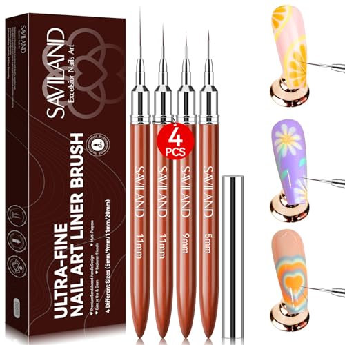 SAVILAND Nail Art Liner Brushes Set: 4pcs Ultra-Fine Liner Brushes for Nail Design - Gel, Sandalwood Handle, 5A+ Level Bristle, 5/9/11/20mm, DIY Gift for Women