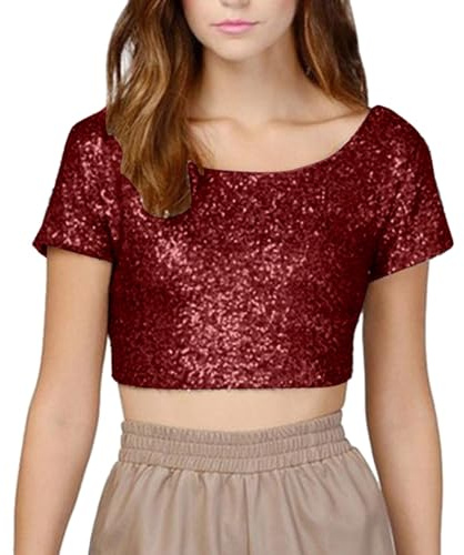 Women's Sequin Crop Top Short Sleeve Sparkling Glitter Scoop Neck Casual Pullover Summer T Shirt Blouse Ladies Tee Tops Club Blouse