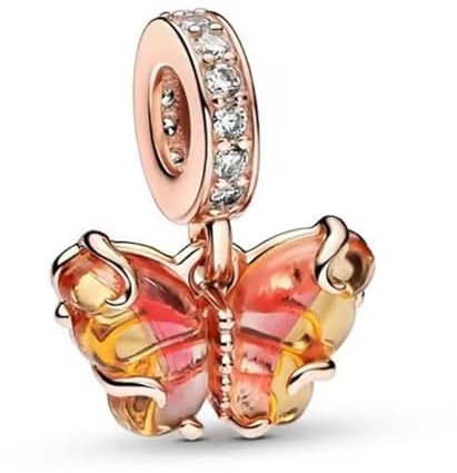 Amuefer Pink and Yellow Murano Glass Butterfly Charms für Armbänder 925 Sterling Silber mit Cubic Zirkonia Anhänger für Halsketten Geburtstag Weihnachten Schmuck Geschenke für Frauen