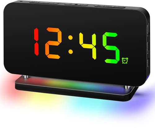 Farbiger Wecker Digital mit 6 Stufen Bildschirmhelligkeit, LED-Spiegel-Wecker Schlummermodus Funktion 12/24 Stunden Netzbetrieben mit 2 USB-Ladeanschlüssen