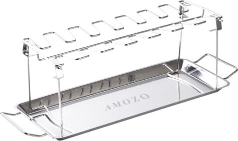 AMOZO Hähnchenschenkel Halter für 14 Keulen,Robuster Hähnchen Grill Ständer aus 100% Edelstahl,Hähnchenkeulenhalter mit Auffangschale,Spülmaschinengeeignet Hähnchenbräter.
