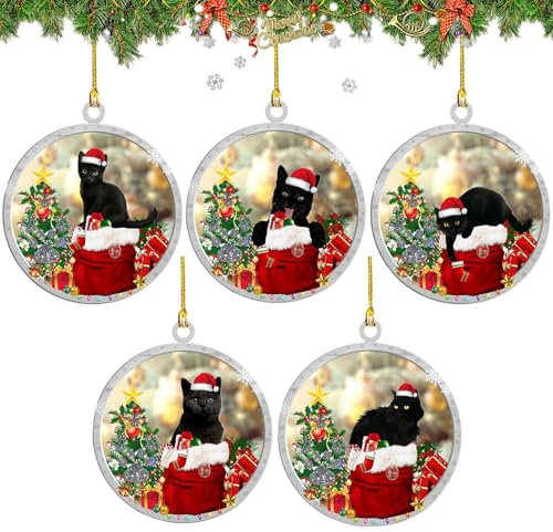 5-teiliges Weihnachtsornament Mit Schwarzer Katze, Christbaumschmuck Mit Schwarzer Katze, Christbaumschmuck, Christbaumkugeln, Acryl-Weihnachtshängedekoration, Süße Weihnachtsanhänger Mit Katzenmotiv