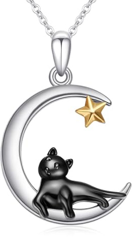 JFASHOP Katze Halskette 925 Sterling Silber Schwarz Katze Mond Anhänger Kette Schmuck Geschenk für Frauen Mädchen Mutter Kinder