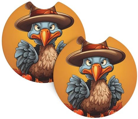2 Pack Car Coasters for Cup Holders, Thanksgiving Blue Turkey With Hat Cup Holder Coasters for Your Car with Fingertip Grip