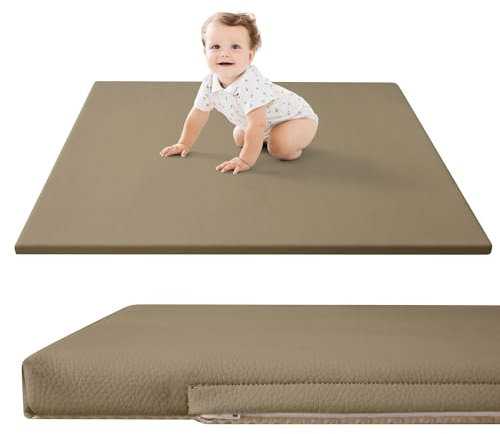 Stylische Spielmatte für Baby aus veganem Leder 120x120x2,5cm, Sand – Krabbelmatte für Baby mit Memory-Schaum und rutschfester Unterseite – pflegeleichte, schadstofffreie Krabbeldecke für Baby