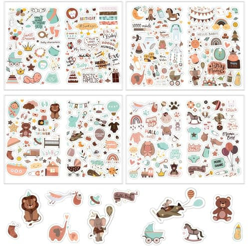 Ceeyoll 4 Stück Stickers Babyalbum,Aufkleber für Kinder und Baby Fotoalben, Baby sticker Enthält 204 Aufkleber, darunter Kinderwagen, Spielzeuge, Herzen, Sterne usw,für Babyshower Deko Geschenk.