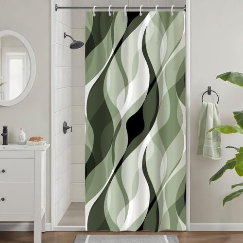 Uiiooazy Rideau Douche Étroit, Rideau de Douche Vert Olive Anti Moisissure Abstrait Rayures Gris Rayé Rideaux de Baignoire Tissu Imperméable Lavable Rideaux Salle de Bain avec 6 Crochets 90x180cm