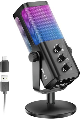 Microfono Gaming RGB, con Bilanciamento Vocale,Noise Cancelling,Registrazion 24bit/192kHz,Mute&Monitoraggio, USB Microfono PC Condensatore per Podcast,Streaming,Twitch,ASMR,Compatibile con PS5/PS4/Mac